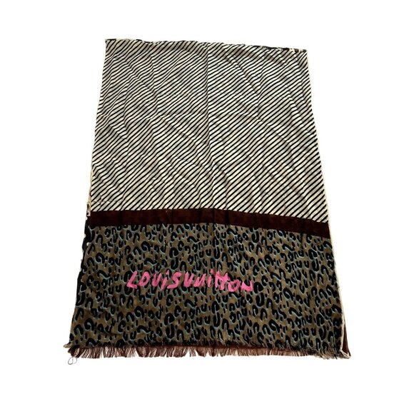 Louis Vuitton Stephen Sprouse Animal Print Striped Scarf in Cream Black Brown - Picture 1 of 8